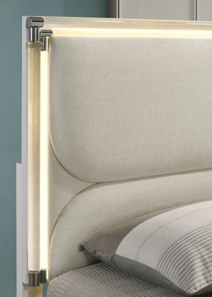 English Elm Contemporary Glam Pearl White Upholstered Full Bed With Led Trundle & Embossed Panels, Stylish Design B2741S00383