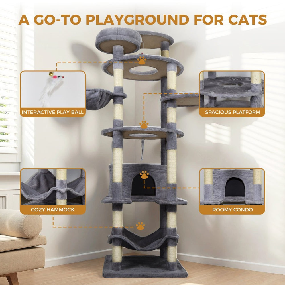 English Elm 71 Inch Floral Cat Tower with Condo Hammock Sisal Posts and Plush Perches for Large Breeds Dark Gray W243P326648