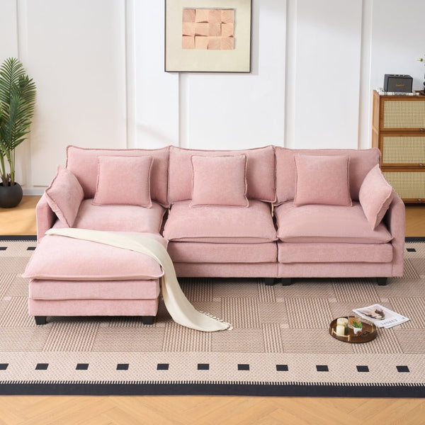English Elm Beige Chenille Sectional Sofa with Modular Ottoman for Living Room or Studio Pink W2603S00003