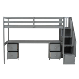 English Elm Twin Loft Bed with Built-In Desk and Double Storage Drawers, Pine & MDF Frame for Small Rooms Gray GX000382AAE