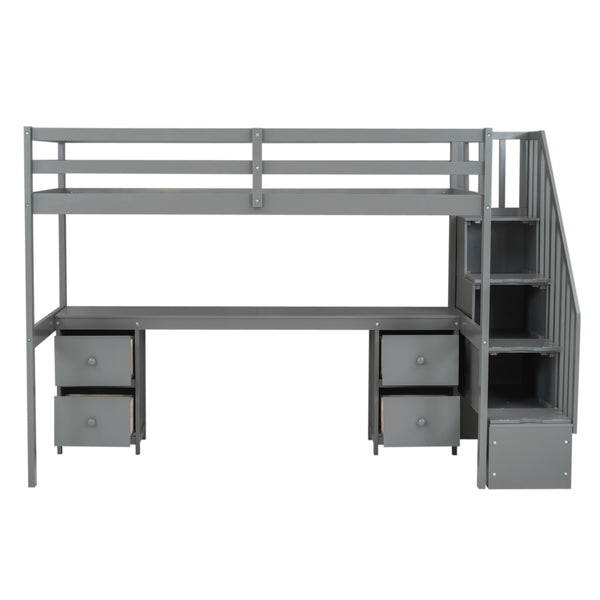 English Elm Twin Loft Bed with Built-In Desk and Double Storage Drawers, Pine & MDF Frame for Small Rooms Gray GX000382AAE