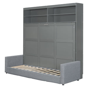 English Elm Queen Murphy Wall Bed with Linen Sofa for Studio and Small Space Living Gray LP000892AAE