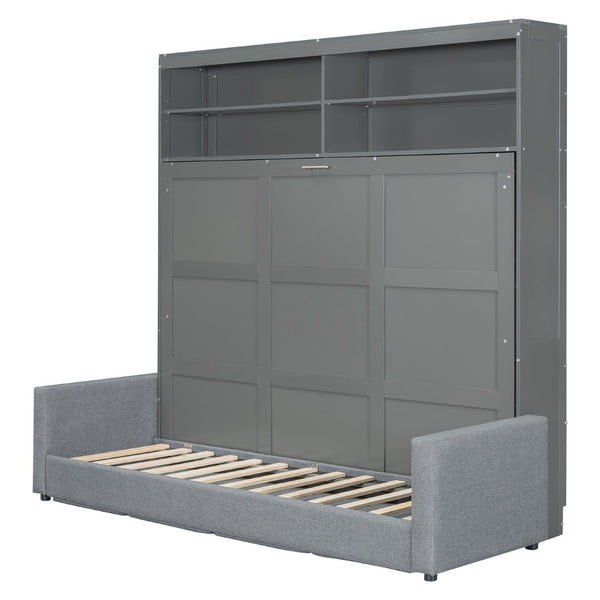 English Elm Queen Murphy Wall Bed with Linen Sofa for Studio and Small Space Living Gray LP000892AAE