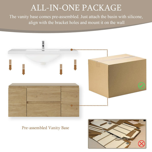 English Elm 48" Floating Bathroom Vanity Wall Mounted Timber Cabinet with Resin Sink Soft Close Oak W1573P152702