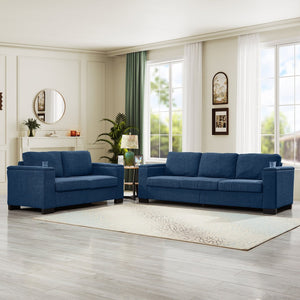 English Elm Two Two-Piece 5-Seater Sofa Set with Cup Holder & Storage, Polyester Upholstery, Solid Wood Frame, Coil Spring Seats, Removable Covers, Modern Square Arm Design for Living Room Comfort and Durability Blue W1097S00198