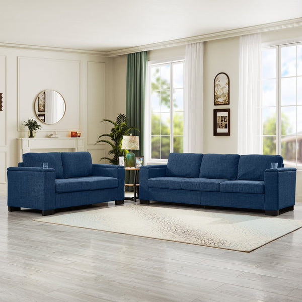 English Elm Two Two-Piece 5-Seater Sofa Set with Cup Holder & Storage, Polyester Upholstery, Solid Wood Frame, Coil Spring Seats, Removable Covers, Modern Square Arm Design for Living Room Comfort and Durability Blue W1097S00198