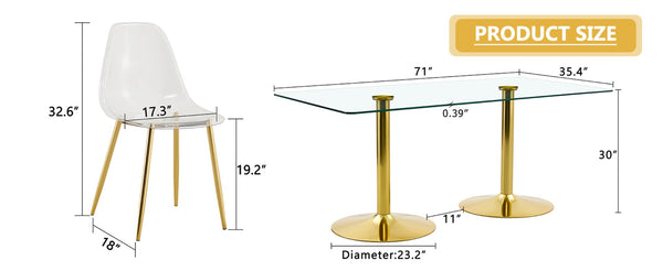 English Elm Table and Chair Set Tempered Glass Top with Gold Leg Ghost Seats for Dining Room W1151S04559