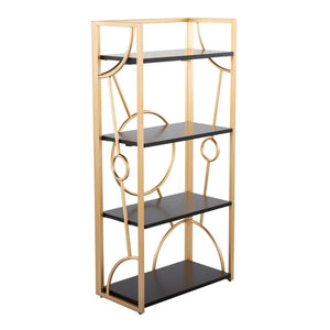 English Elm Constellation Geometric Bookcase with Gold Metal Frame and Wood Shelves for Modern Office Elegance Black B202P223883
