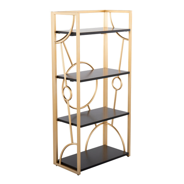 English Elm Constellation Geometric Bookcase with Gold Metal Frame and Wood Shelves for Modern Office Elegance Black B202P223883