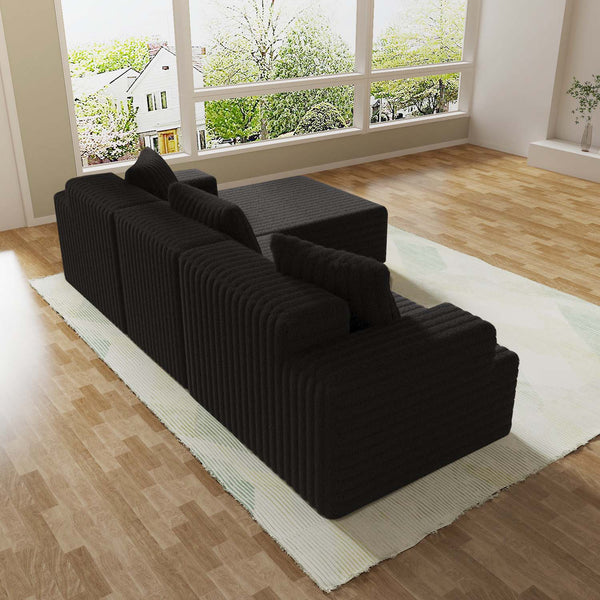 English Elm Compression Sectional Couch Plush Corduroy Chaise L-Shape Sleeper, Deep Seat Modular Sofa Black W3341P346292