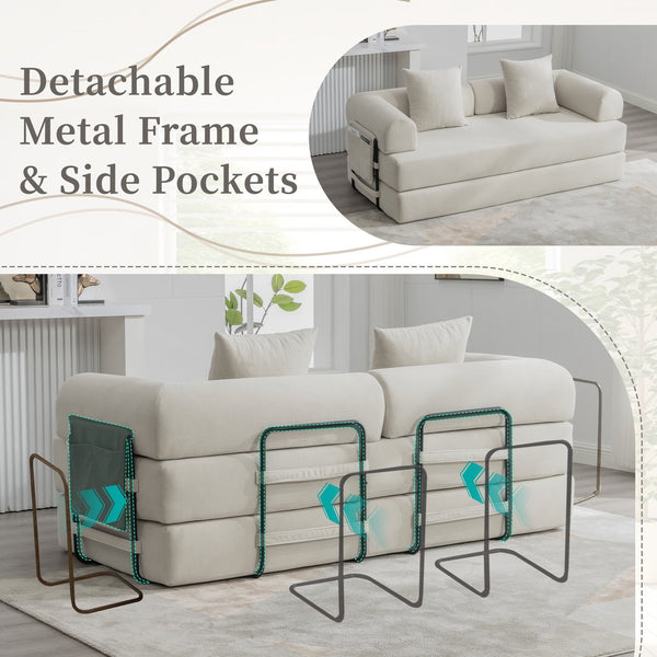 English Elm UNITED modular foldable sofa with metal frame, corduroy upholstery, side pocket & quick assembly convenience Beige W1568P374080