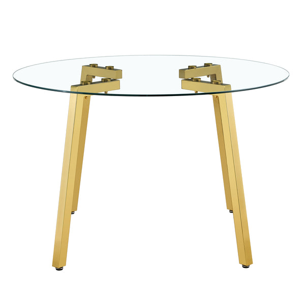 English Elm Modern Round Tempered Glass Dining Table with Gold 7-Shaped Legs, 47.3" Clear Top, Durable Luxury W1151S01881