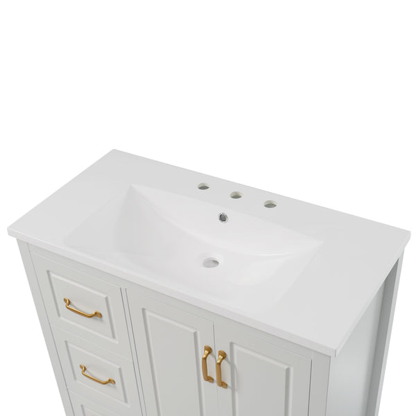 English Elm Christopher Knight Home® - 36" Freestanding Bathroom Vanity with Resin Sink, Soft-Close Doors & Drawers, Gold Alloy Handles, Spacious Storage and Easy Plumbing Access White N759P292552K