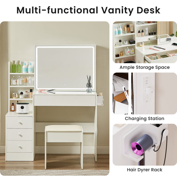 English Elm Vanity LED mirror vanity with 3-mode dimmable lights, power & USB ports, hairdryer holder, stool W1668P197385