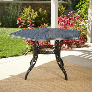 English Elm Christopher Knight Home® - CAYMAN Arch II Mesh Hex Table in Black Aluminum, Antique Finish, Seats 6 with Umbrella Hole for Patio 61145.00