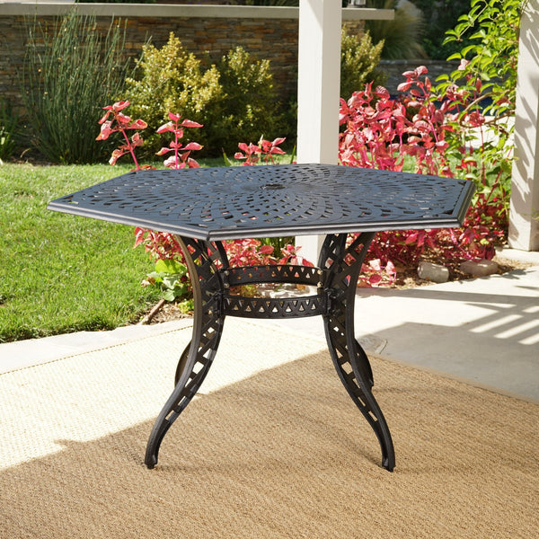 English Elm Christopher Knight Home® - CAYMAN Arch II Mesh Hex Table in Black Aluminum, Antique Finish, Seats 6 with Umbrella Hole for Patio 61145.00
