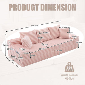 English Elm Oversized Corduroy Cloud Couch Convertible Sleeper Sofa with Memory Foam Seating Pink W395S00121