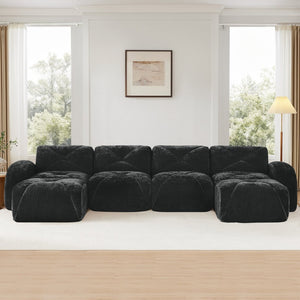English Elm U-shaped Modular Velvet Sofa Tufted Cushions High Density Foam Living Room Sectional Black W714S01605