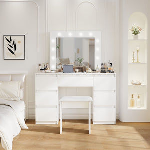 English Elm Large White Vanity Table with Mirror & Lights, 4 Deep Drawers, Durable E1 Particleboard, Matte Finish W2139P179891