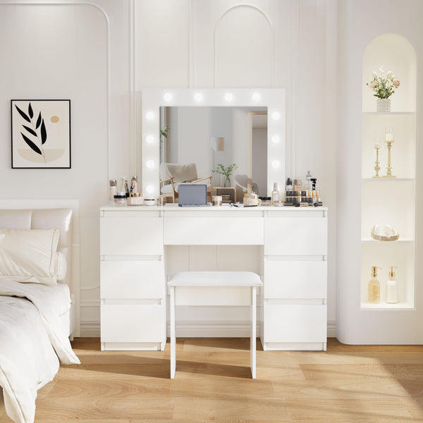 English Elm Large White Vanity Table with Mirror & Lights, 4 Deep Drawers, Durable E1 Particleboard, Matte Finish W2139P179891
