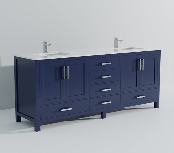 English Elm Navy Double Bath Vanity 80" W x 22" D with Carrara Marble Top, Faucet Set, Soft-Close Storage Elegance B2731P259139
