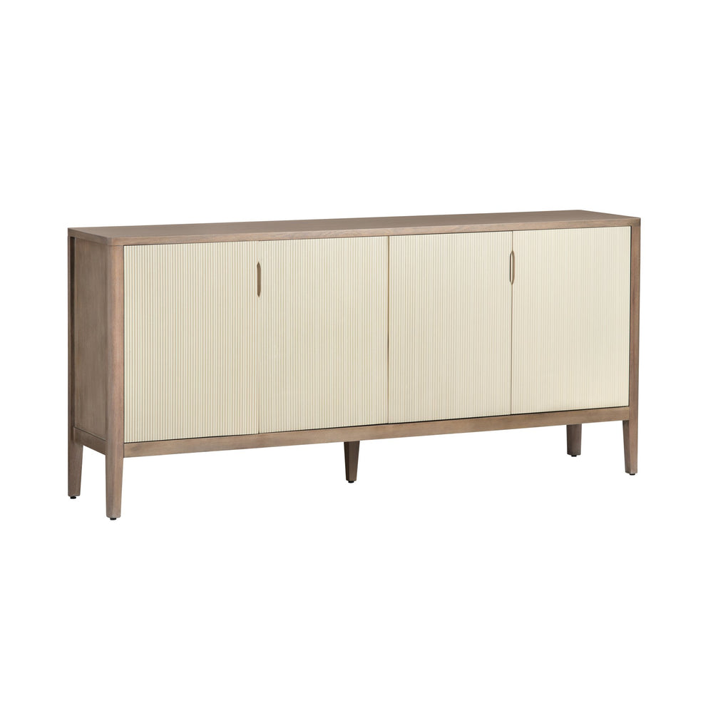 Crestview Collection Coastal 4 Door Media Credenza - Elegant Sideboard With Cream Doors, Buyer Wood, And Cord Management Brown Solid Wood Cvfdr1045