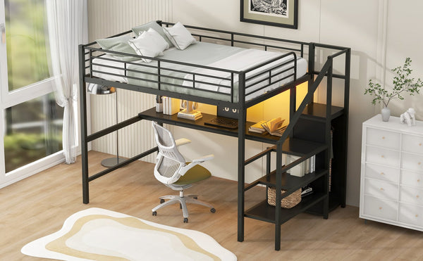 English Elm Full Size Metal Loft Bed With Desk, Storage Staircase, Wardrobe & Led Light - Space-Saving Design GX000620AAD