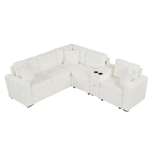 English Elm 120.5" L-shaped Convertible Sofa Bed Modular Sectional with Pull-Out Sleeper, Chenille, Storage, Cup Holders White N719S001940K