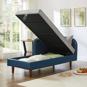 English Elm 65" Velvet Storage Chaise Lounge with Pu Leather Panels Eucalyptus Frame Accent Seat Blue+Grey W1097P434118
