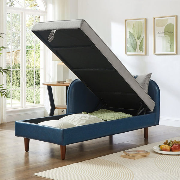English Elm 65" Velvet Storage Chaise Lounge with Pu Leather Panels Eucalyptus Frame Accent Seat Blue+Grey W1097P434118