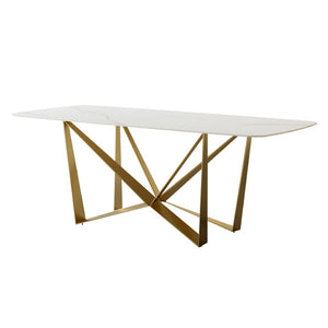 English Elm Carbon Steel Dining Table with Stone Top and Matte Black Frame for Modern Rooms W1002S00003