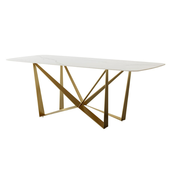 English Elm Carbon Steel Dining Table with Stone Top and Matte Black Frame for Modern Rooms W1002S00003