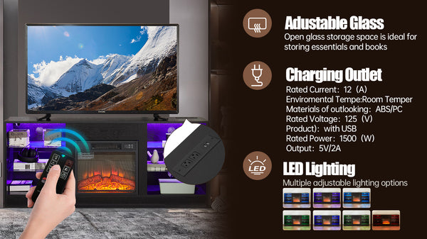 English Elm TV 58" Electric Fireplace TV Stand with 3D Realistic Flame, LED Lights, USB & AC Power Strip, Modern Media Console Black W2275P149867