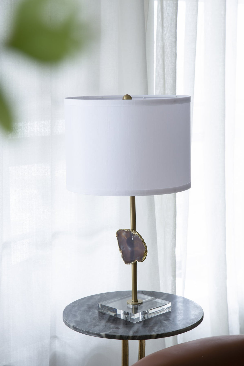 English Elm D14x25.2" Gold Table Lamp with Agate Slice on Acrylic Pedestal, White Drum Shade, Modern Accent Decor W2078P395818