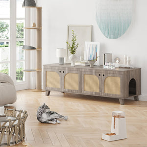 English Elm Double Hidden Cat Litter Box Enclosure with Rattan Doors, Two Spacious Compartments, Odor Control Stand Grey T3623P380885