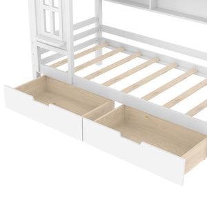 English Elm Twin House Platform Bed with Drawers & Shelves, Solid Wood Playhouse Frame for Kids, Cozy Design Light White W1580S00265