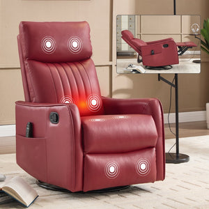 English Elm Blue Fabric Swivel Rocker Recliner with Massage Heat Nodes for Living Room Comfort Red W1803P321820
