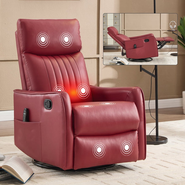 English Elm Blue Fabric Swivel Rocker Recliner with Massage Heat Nodes for Living Room Comfort Red W1803P321820