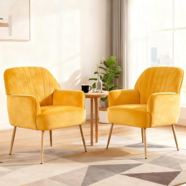 English Elm Velvet Barrel Accent Chair Tufted Shell Back with Metal Legs for Living Room Yellow W5722P462515
