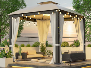 English Elm 10X10FT Softtop Metal Gazebo with Vented Double Roof, Mosquito Netting & Waterproof UV Curtains, Sturdy Galvanized Frame W2259S00051