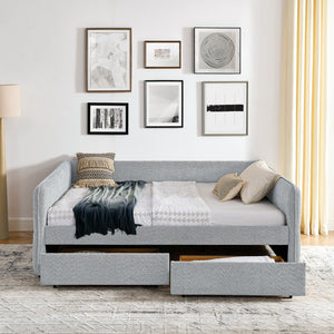 English Elm Daybed With Trundle - Stylish Upholstered Queen Sofa Bed In Grey Boucle With Storage Drawers W1413S00073