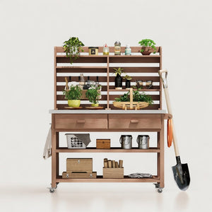 English Elm K&K 64.9" Outdoor Potting Bench with 1.2" Stainless Steel Top, Lockable Wheels, Hutch & Drawers Brown N707P228274Z