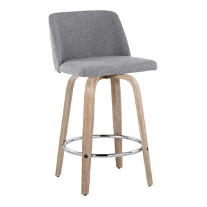 English Elm Toriano Swivel Counter Stool Set of 2 with Upholstered Padded Seat, Bent Wood Legs & Chrome Footrest Grey B202S00408