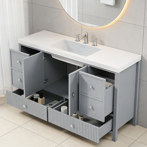 English Elm 60" Freestanding Bathroom Vanity Fluted Fronts Soft Close Drawers Drop-in Sink Blue Gray N817P404100B