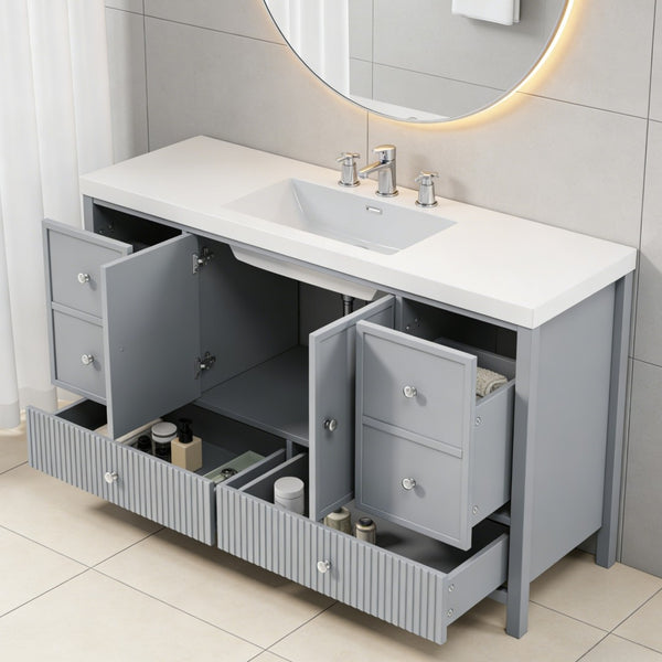 English Elm 60" Freestanding Bathroom Vanity Fluted Fronts Soft Close Drawers Drop-in Sink Blue Gray N817P404100B