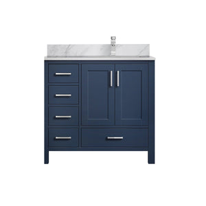 English Elm Navy Bathroom Vanity 36" W x 22" D with Right-Offset Carrara Top, Chrome Faucet, Soft-Close Storage B2731P259054