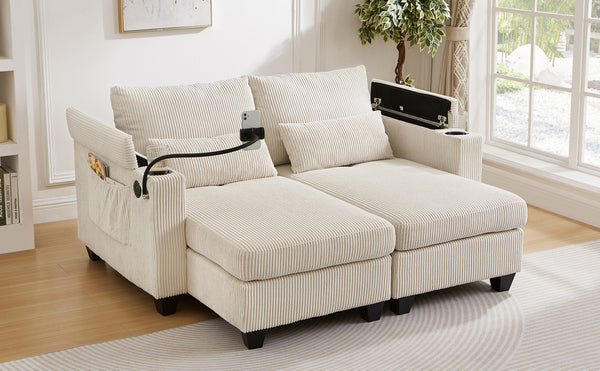 English Elm Convertible Chaise Lounge Sofa Bed With Usb Ports, Cup Holders & Storage – Modern Comfort In Beige N719S002020A