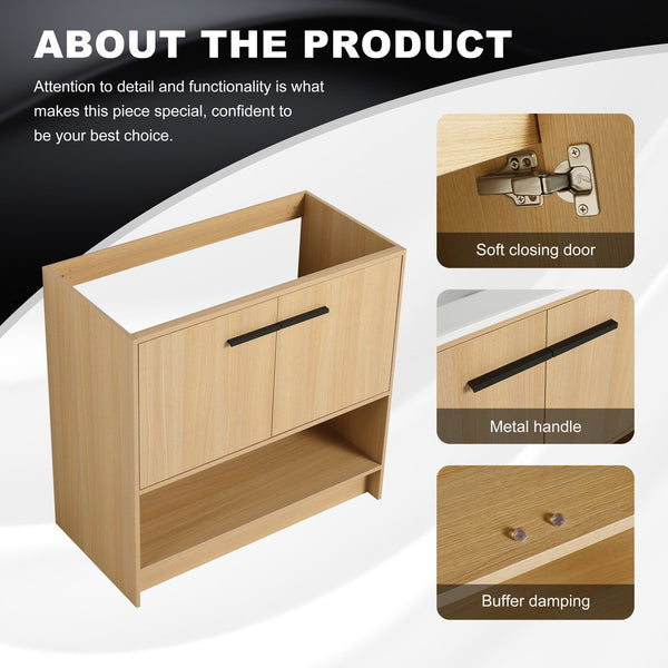 English Elm 36" Freestanding Bathroom Vanity with 2 Doors and Open Shelf, Modern Ergonomic Plywood Cabinet Oak W1972P268400