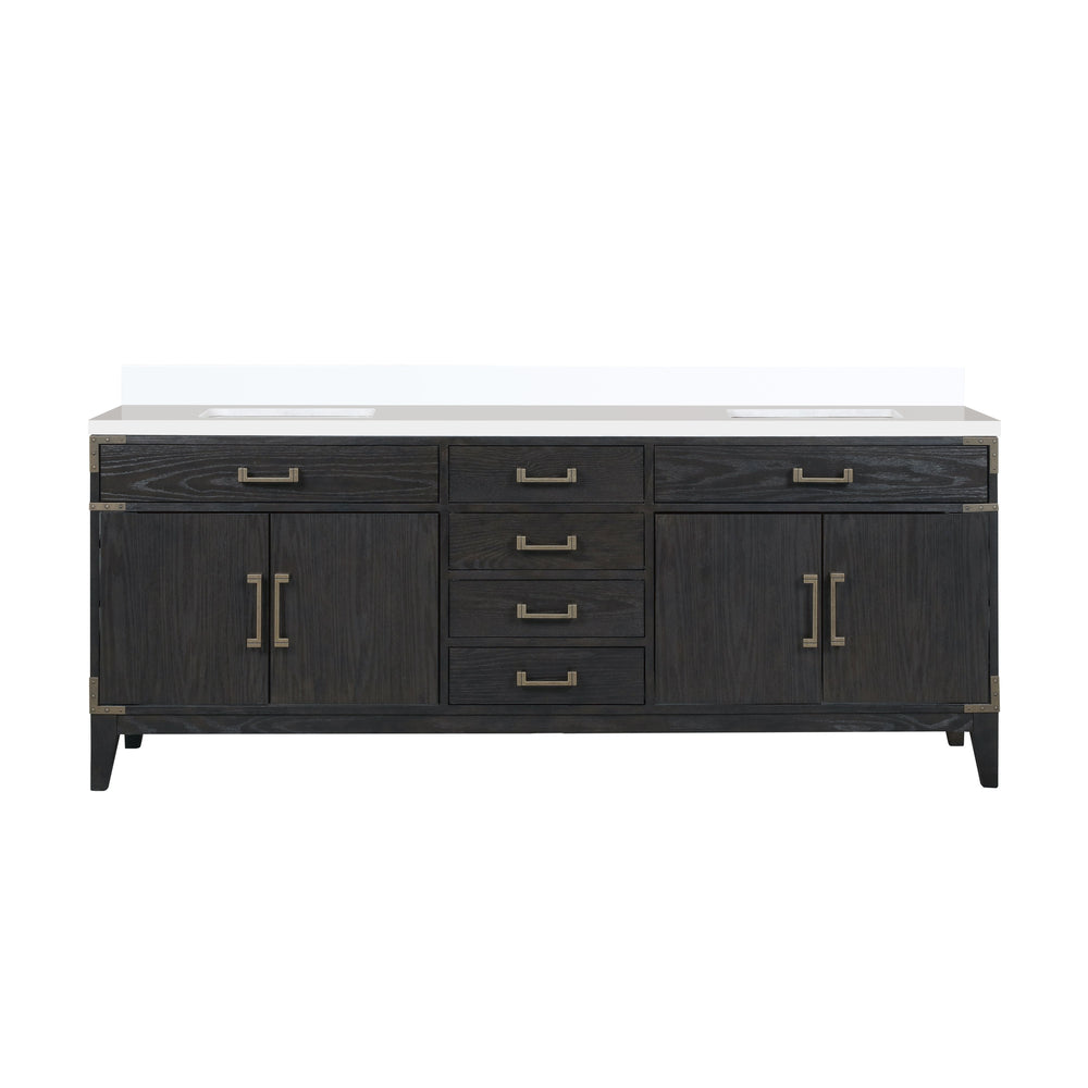 English Elm Black Oak Double Bath Vanity With White Quartz Top - 84" W, Elegant Storage, Durable Design B2731P260976