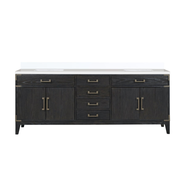 English Elm Black Oak Double Bath Vanity With White Quartz Top - 84" W, Elegant Storage, Durable Design B2731P260976